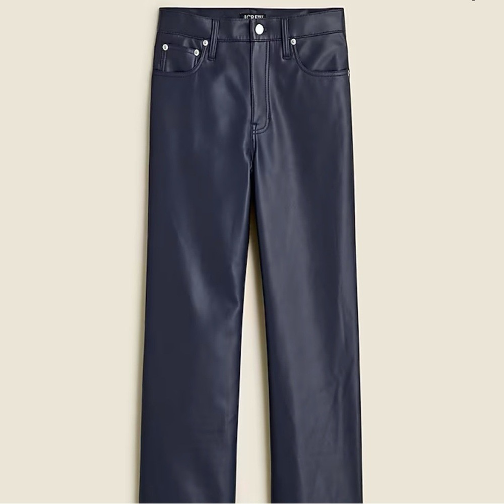 J.Crew Navy Blue Faux Leather‎ Straight Leg Cropped Pants Size 34 High Rise